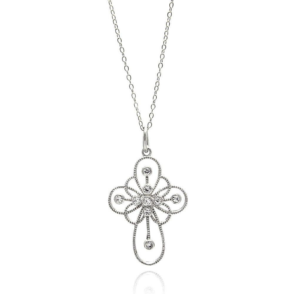 Silver 925 Rhodium Plated Clear CZ Cross Pendant Necklace - STP01336