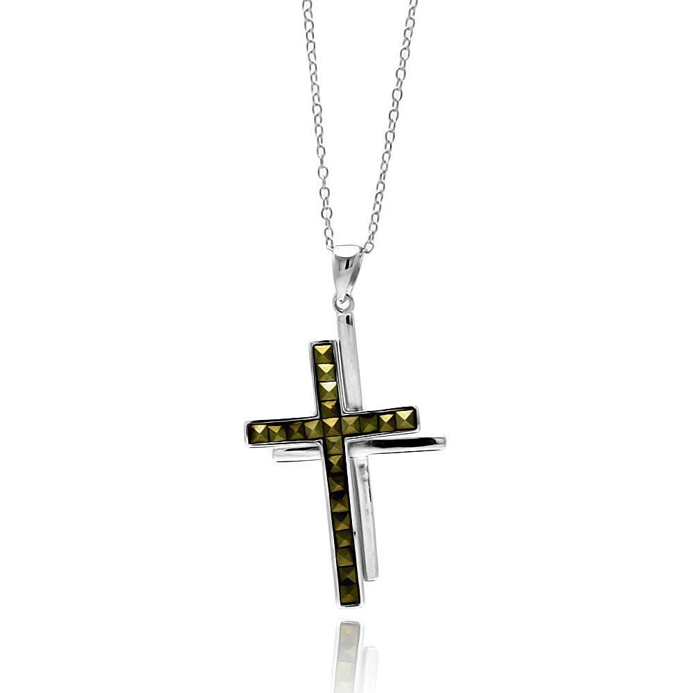 Closeout-Silver 925 Rhodium Plated Clear CZ Cross Pendant Necklace - STP01338