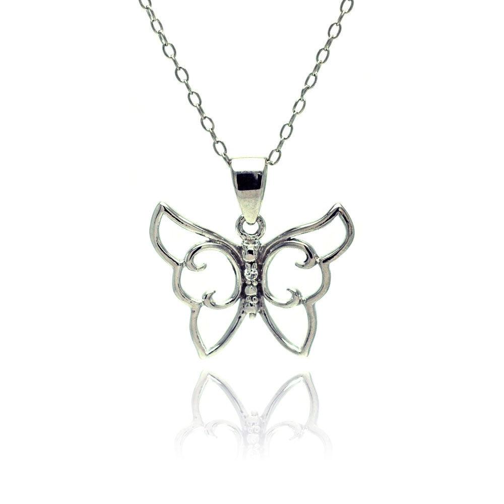 Silver 925 Rhodium Plated Clear CZ Butterfly Pendant Necklace - STP01347