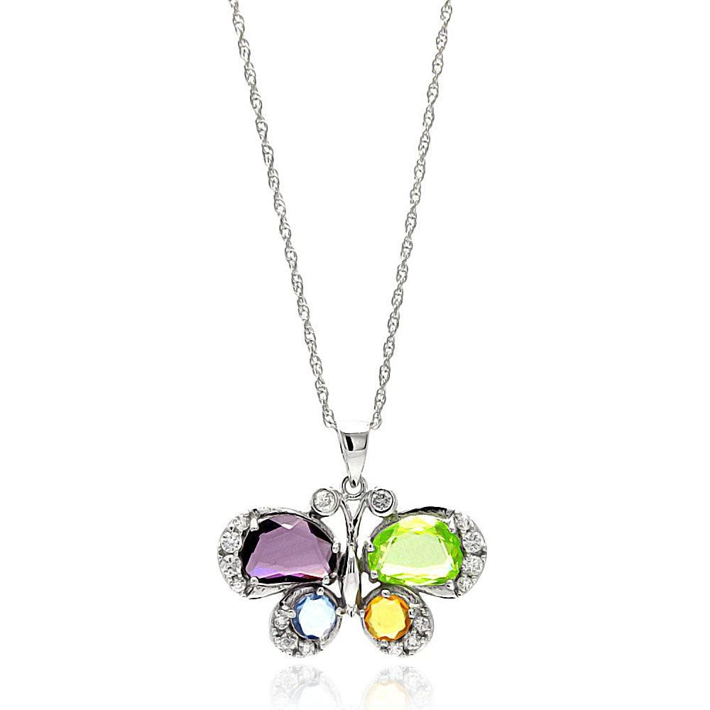 Silver 925 Rhodium Plated Clear CZ Colorful Butterfly Pendant Necklace - STP01350