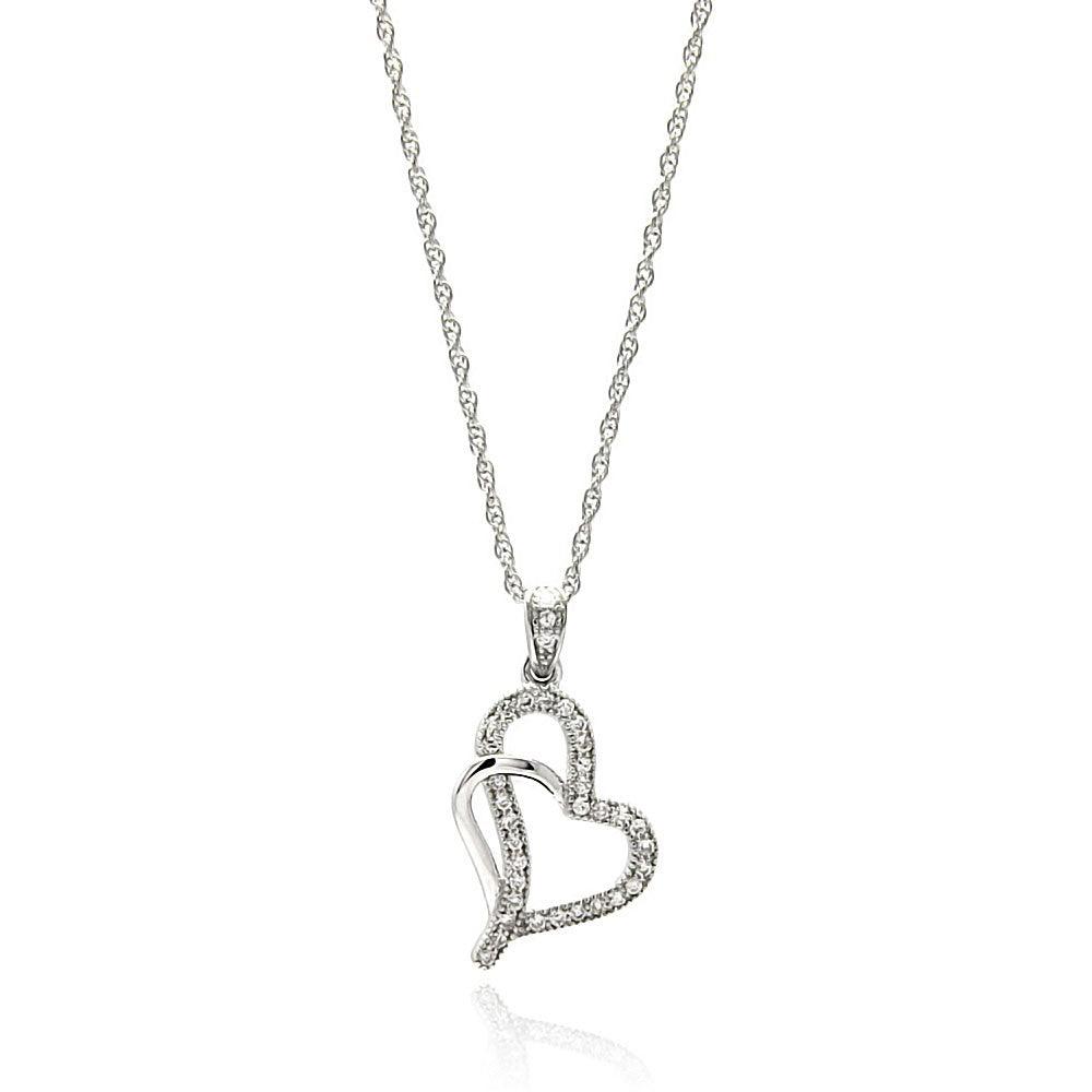 Silver 925 Rhodium Plated Clear CZ Heart Pendant Necklace - STP01351