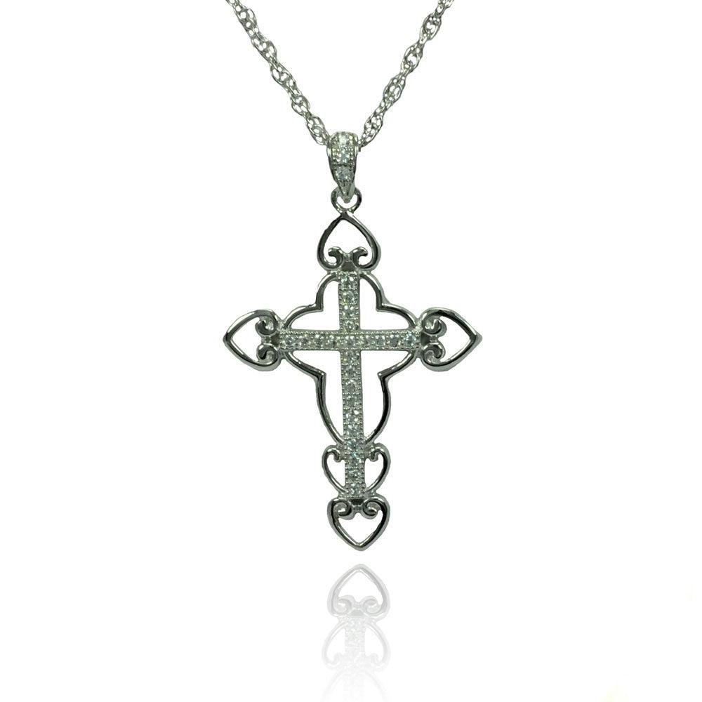 Silver 925 Rhodium Plated Clear CZ Cross Pendant Necklace - STP01356