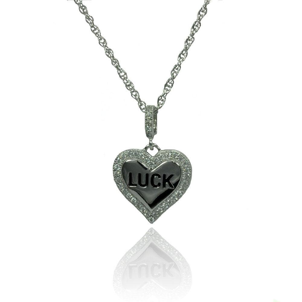 Silver 925 Rhodium Plated Clear CZ Heart Luck Pendant Necklace - STP01362