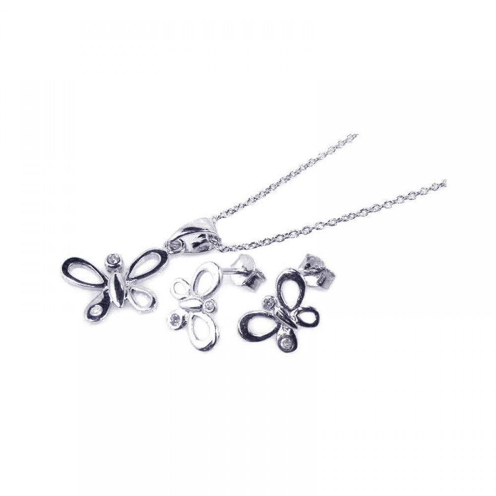 Silver 925 Rhodium Plated Open Butterfly CZ Stud Earring and Necklace Set - STS00161