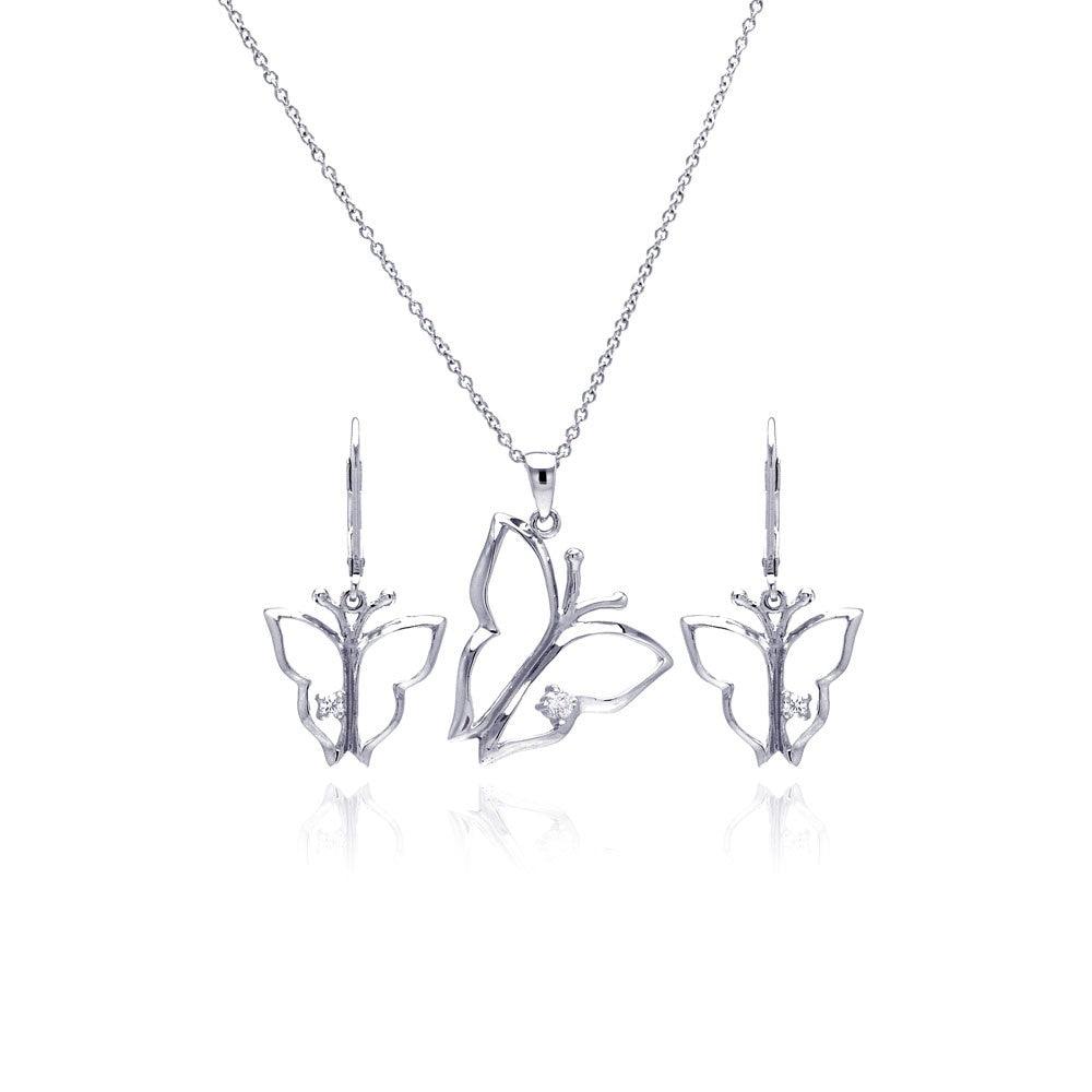 Silver 925 Rhodium Plated Open Butterfly CZ Dangling Lever Back Earring and Necklace Set - STS00265