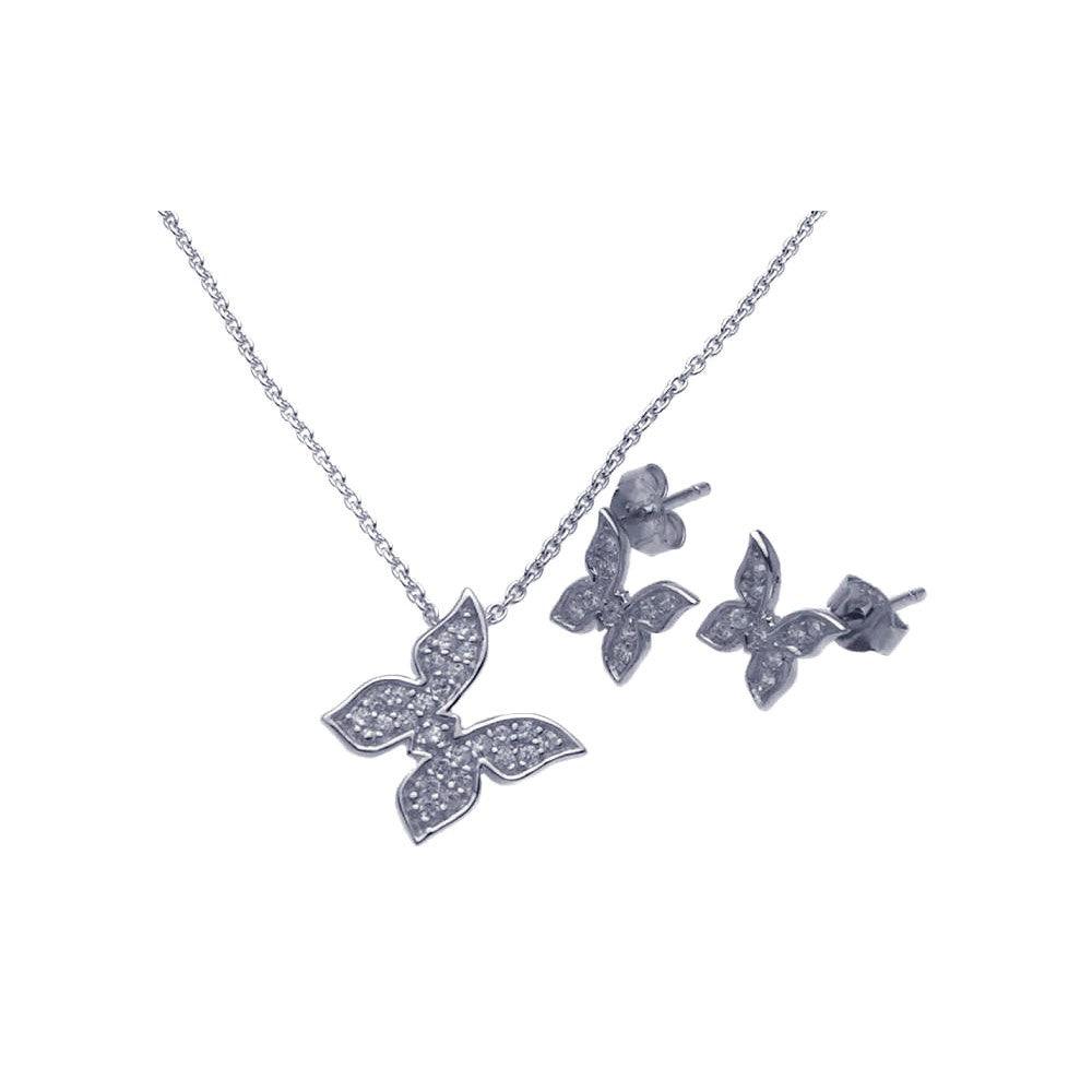 Silver 925 Rhodium Plated Butterfly CZ Stud Earring and Necklace Set - STS00281