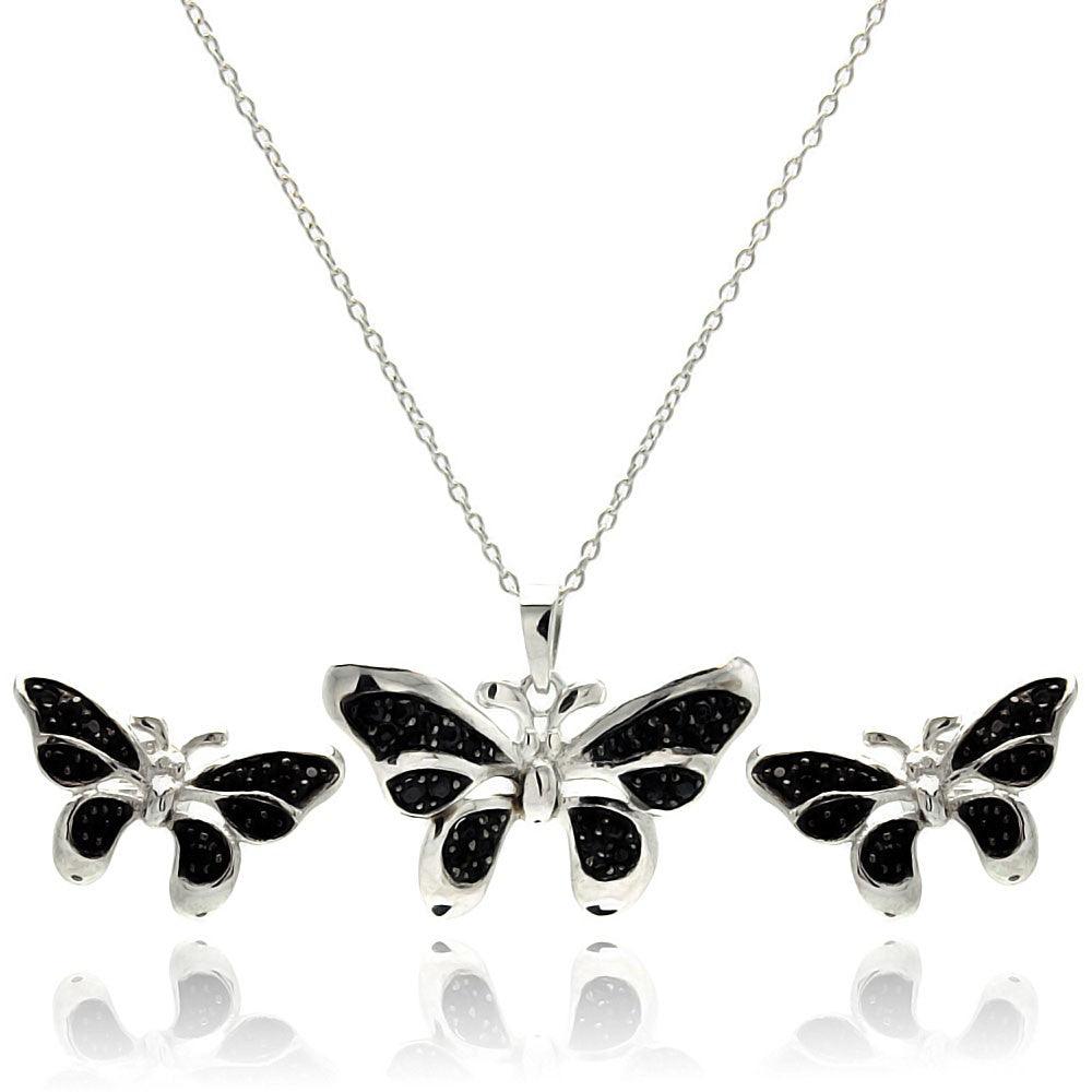 Rhodium Plated 925 Sterling Silver Black Butterfly CZ Stud Earring and Necklace Set - STS00415