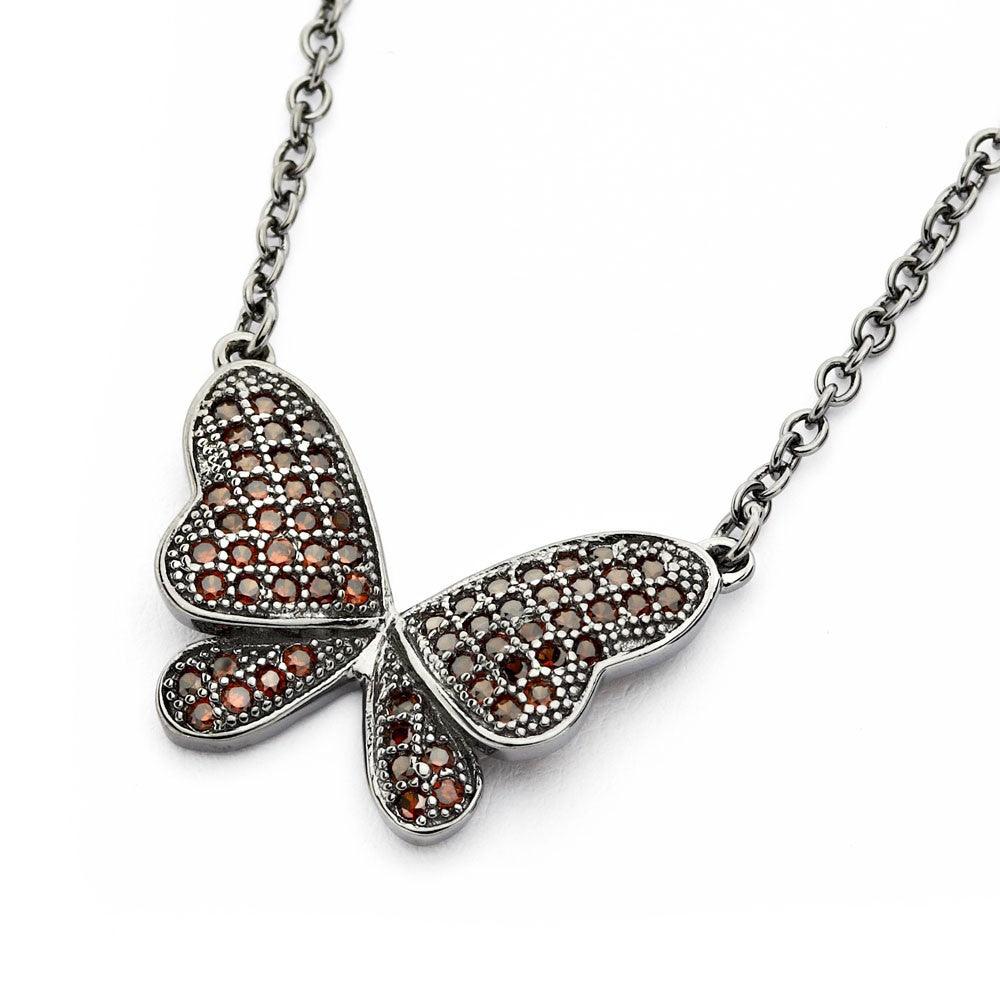 Silver 925 Black Rhodium Plated Butterfly CZ Necklace - BGP00805