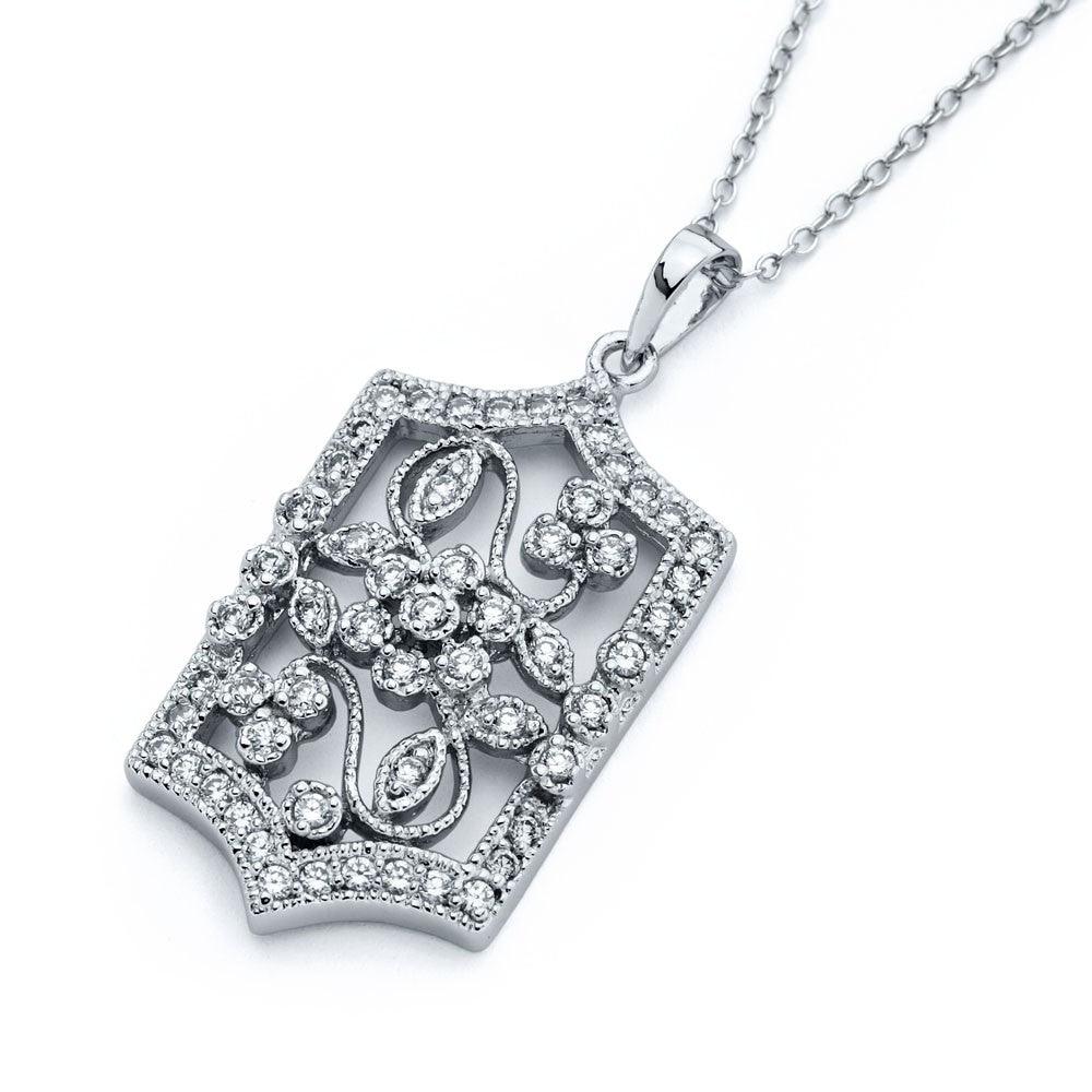 Silver 925 Rhodium Plated Flower Filigree CZ Necklace - BGP00812