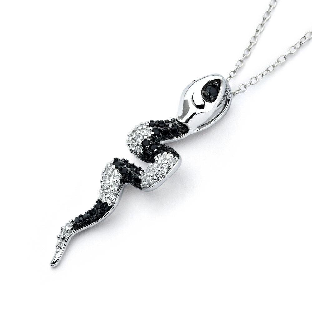 Silver 925 Rhodium Plated Black and Clear Snake CZ Necklace - BGP00814