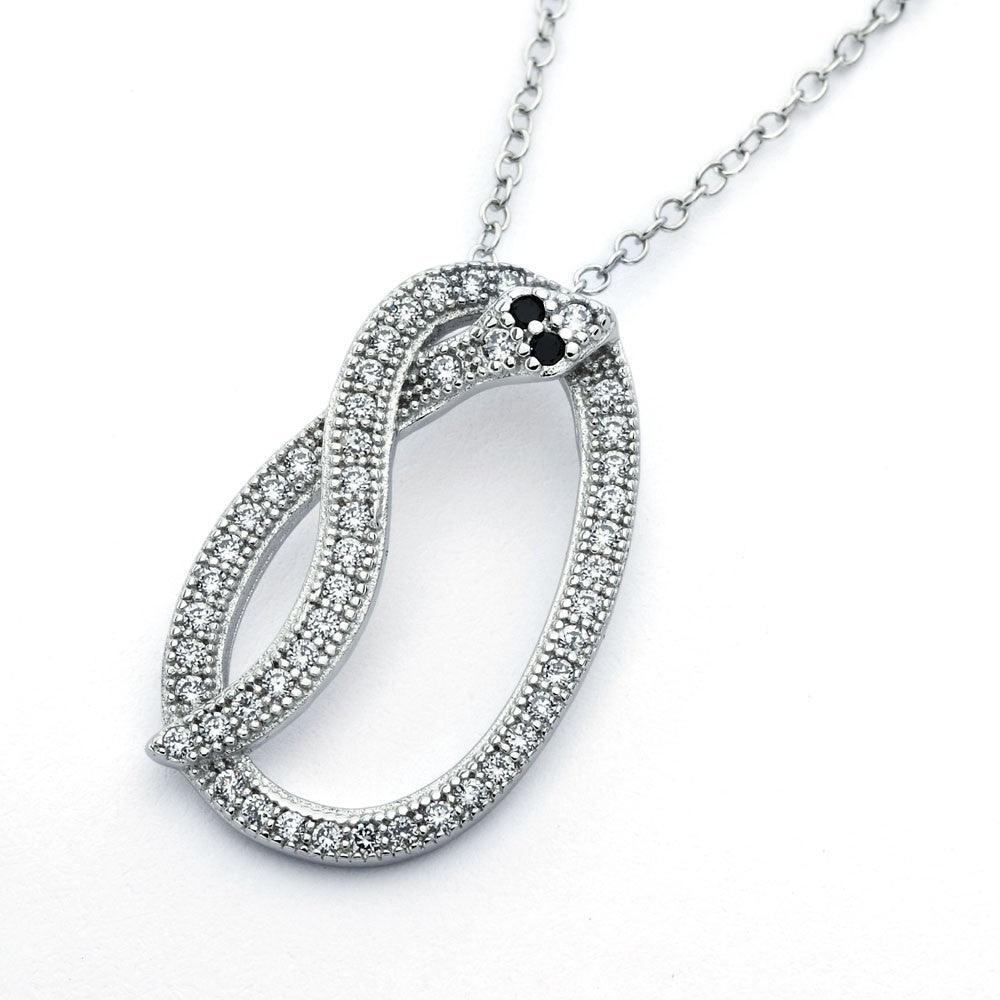 Silver 925 Rhodium Plated Long Black and Clear Snake CZ Necklace - BGP00816