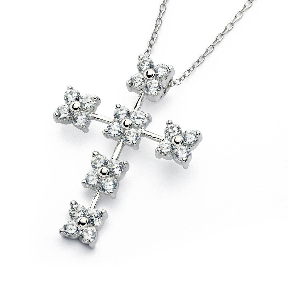 Silver 925 Rhodium Plated Clear CZ Flower Cross Pendant Necklace - BGP00825