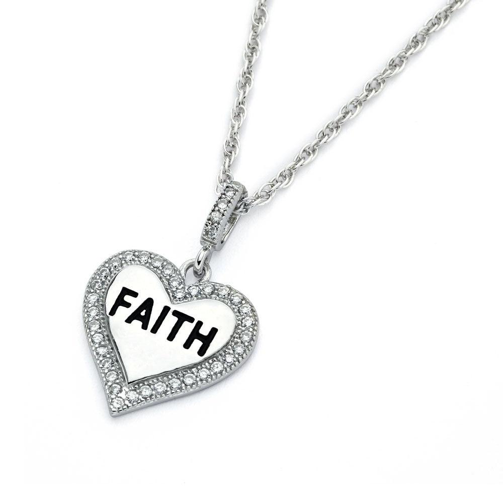 Silver 925 Rhodium Plated Clear CZ Faith Heart Pendant Necklace - STP01361