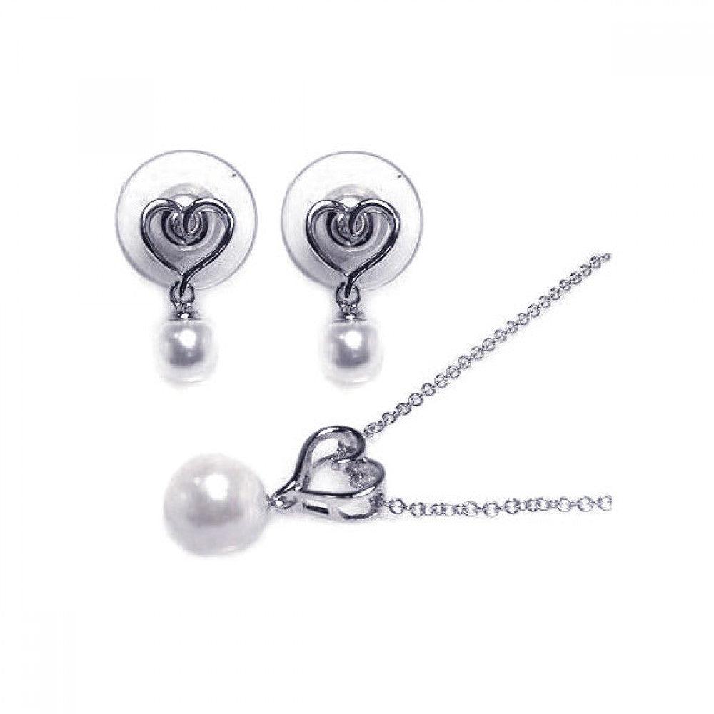 Silver 925 Rhodium Plated White Pearl and Heart Dangling Stud Earring and Necklace Set - BGS00003