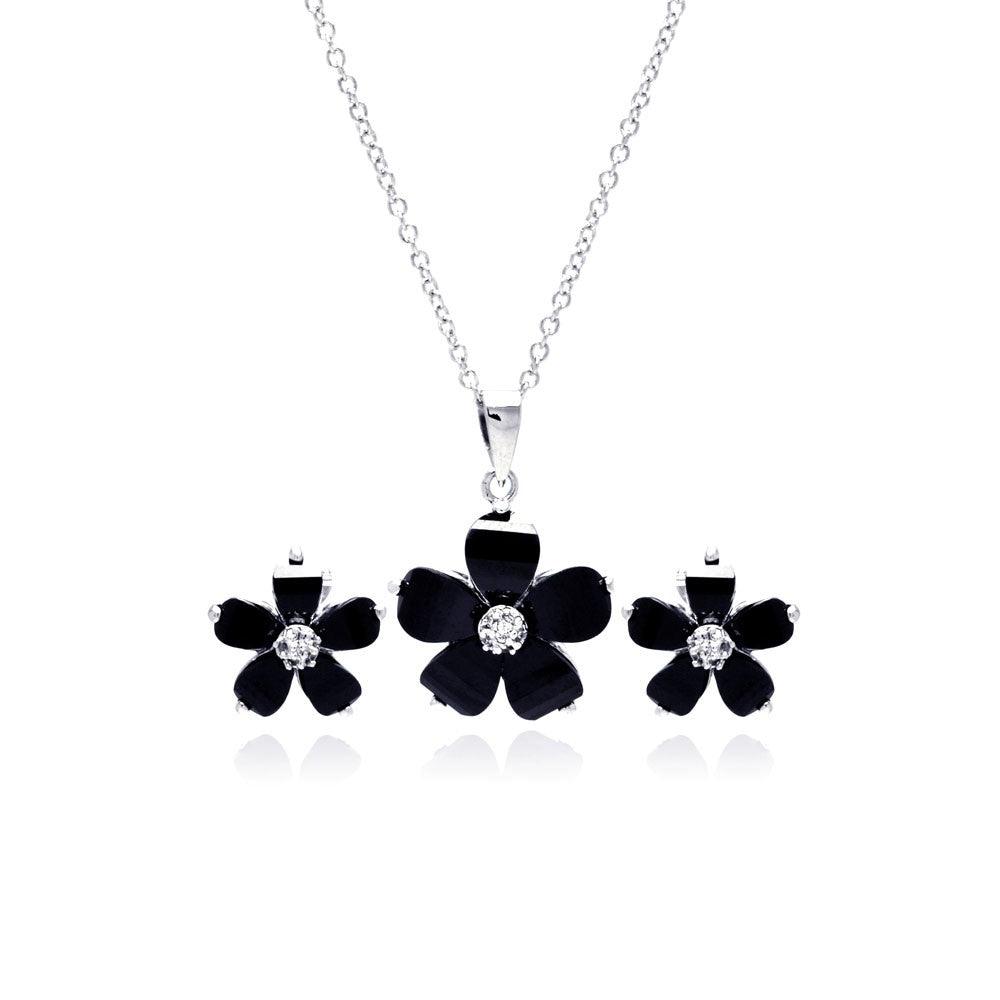 Silver 925 Rhodium Plated Black Flower and Clear CZ Stud Earring and Dangling Necklace Set - BGS00008