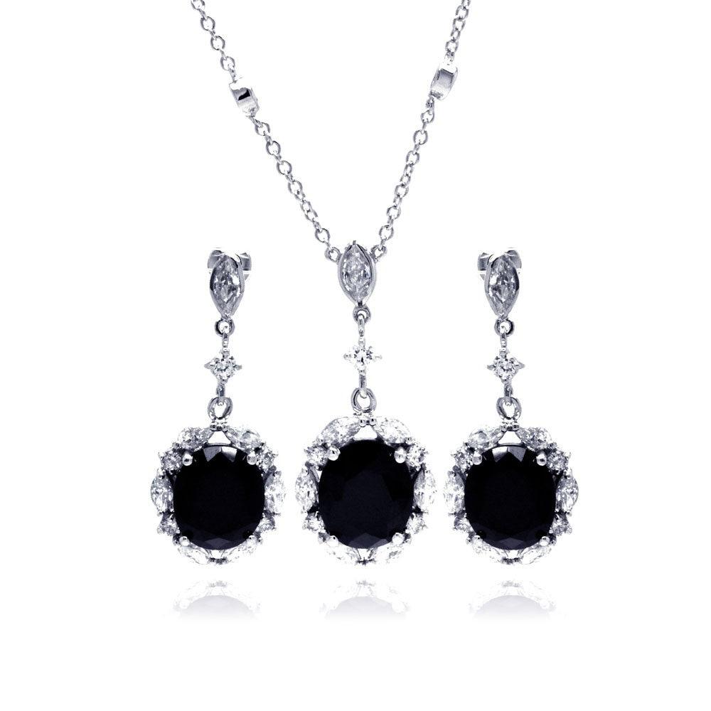 Silver 925 Rhodium Plated Black and Clear Flower CZ Dangling Stud Earring and Dangling Necklace Set - BGS00015