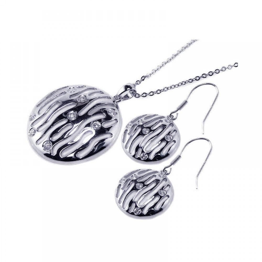 Silver 925 Rhodium Plated Round Open Zebra Stripe Clear CZ Hook Earring and Dangling Necklace Set - BGS00018