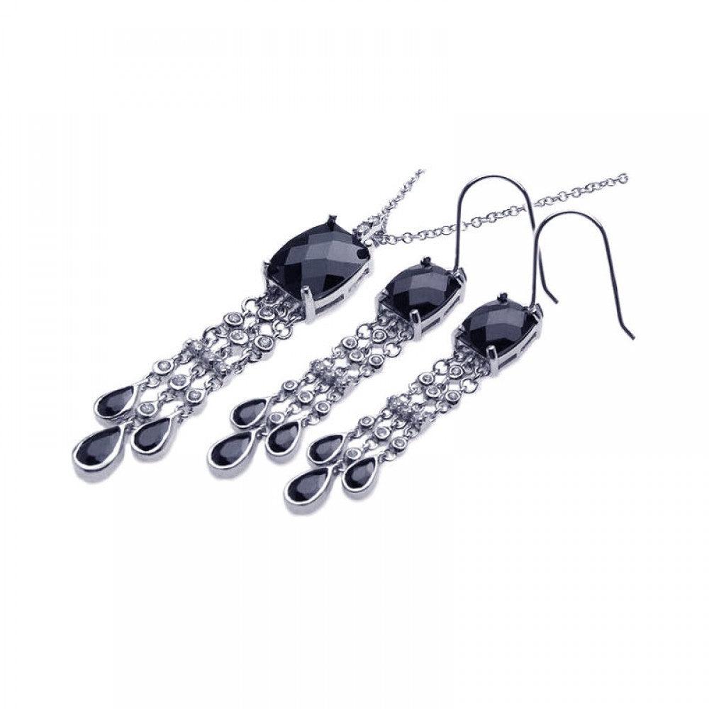 Closeout-Silver 925 Rhodium Plated Black and Clear Rectangle Tear Drop CZ Dangling Hook Earring and Dangling Necklace Set - BGS00029