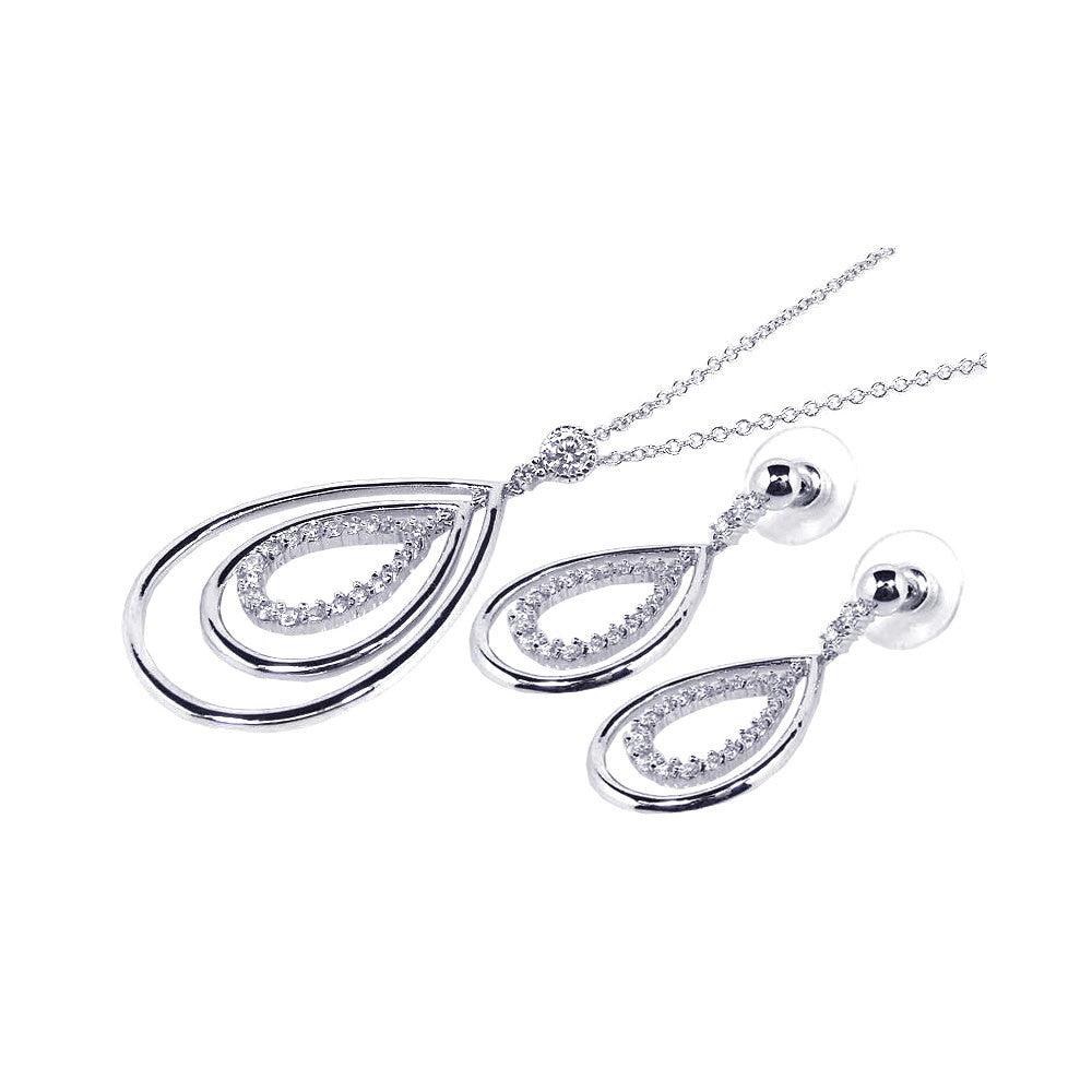 Silver 925 Rhodium Plated Clear Open Tear Drop CZ Dangling Stud Earring and Dangling Necklace Set - BGS00033
