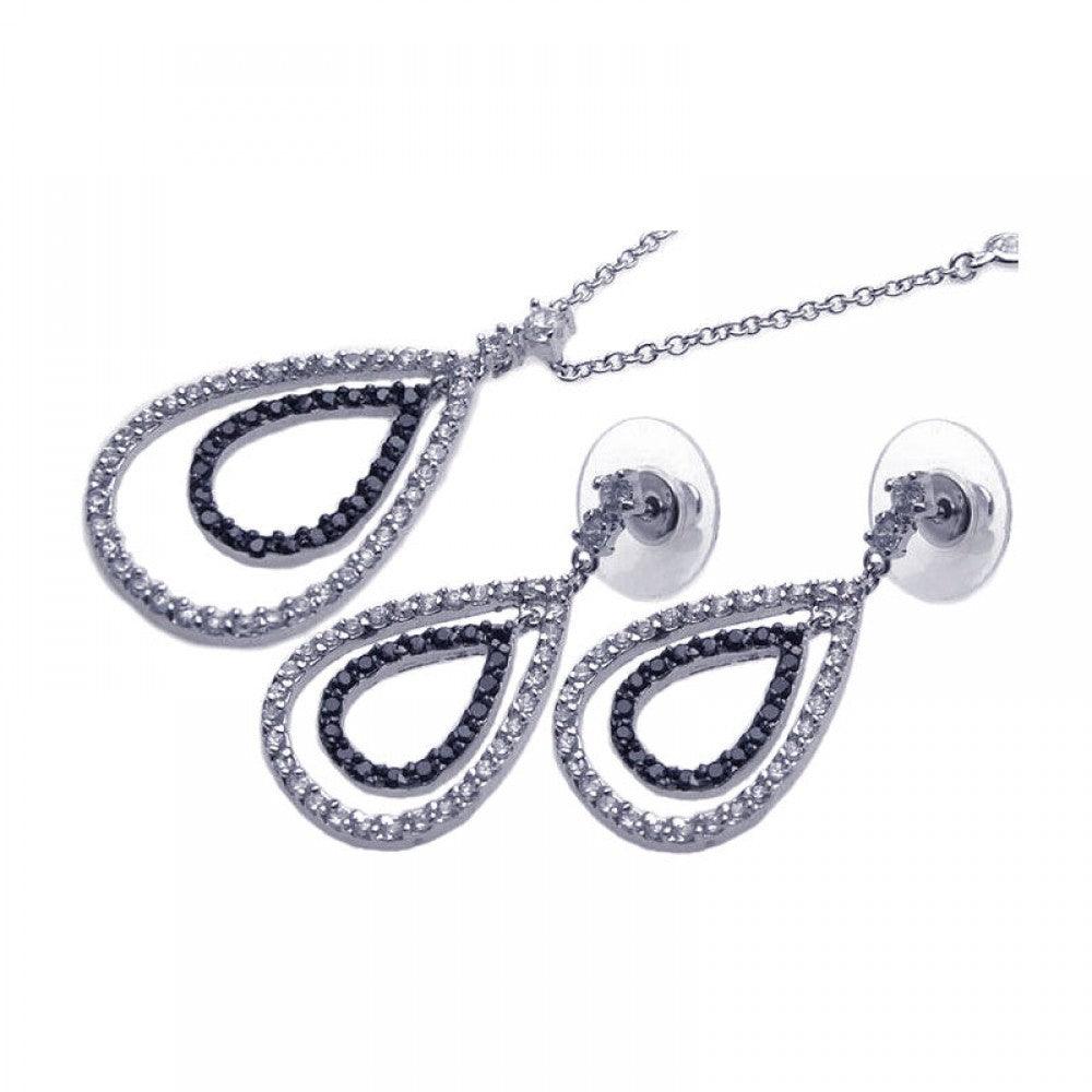 Silver Rhodium and Black Rhodium Plated Clear and Black Open Tear Drop CZ Dangling  Set - BGS00037