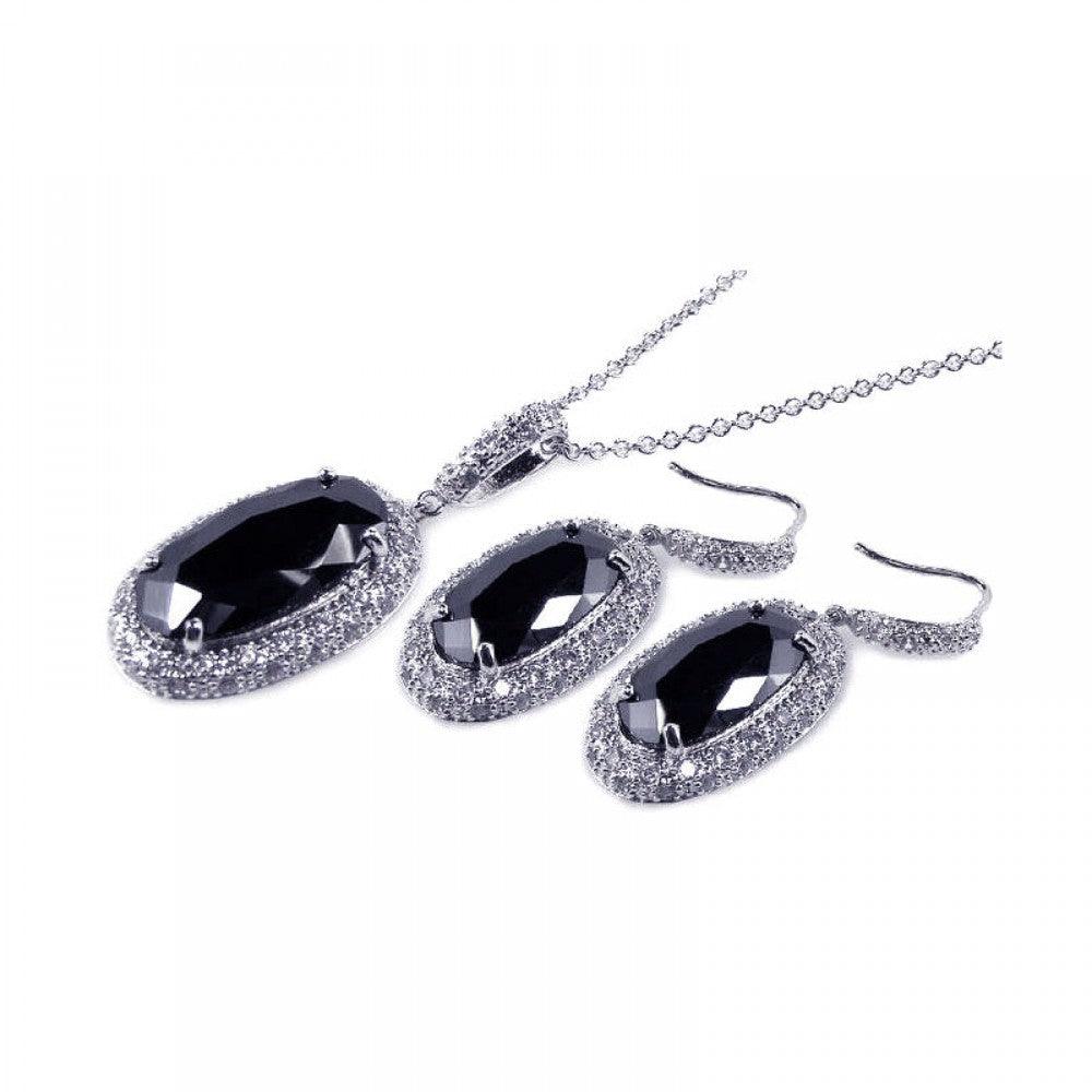 Closeout-Silver 925 Rhodium Plated Black Oval and Clear Micro Pave CZ Hook Earring and Dangling Necklace Set - BGS00041
