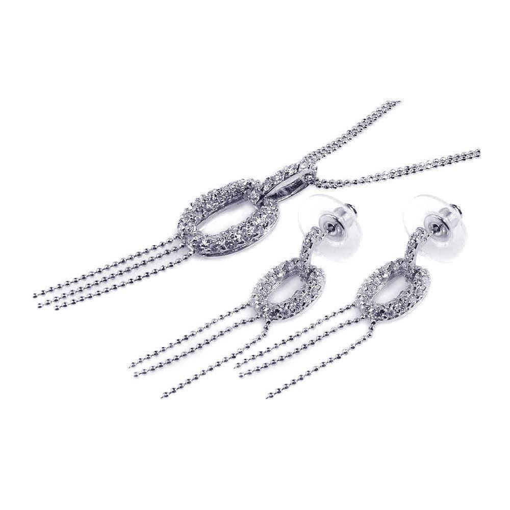 Silver 925 Rhodium Plated Clear Micro Pave Open Circle CZ Dangling Stud Earring and Dangling Necklace Set - BGS00044