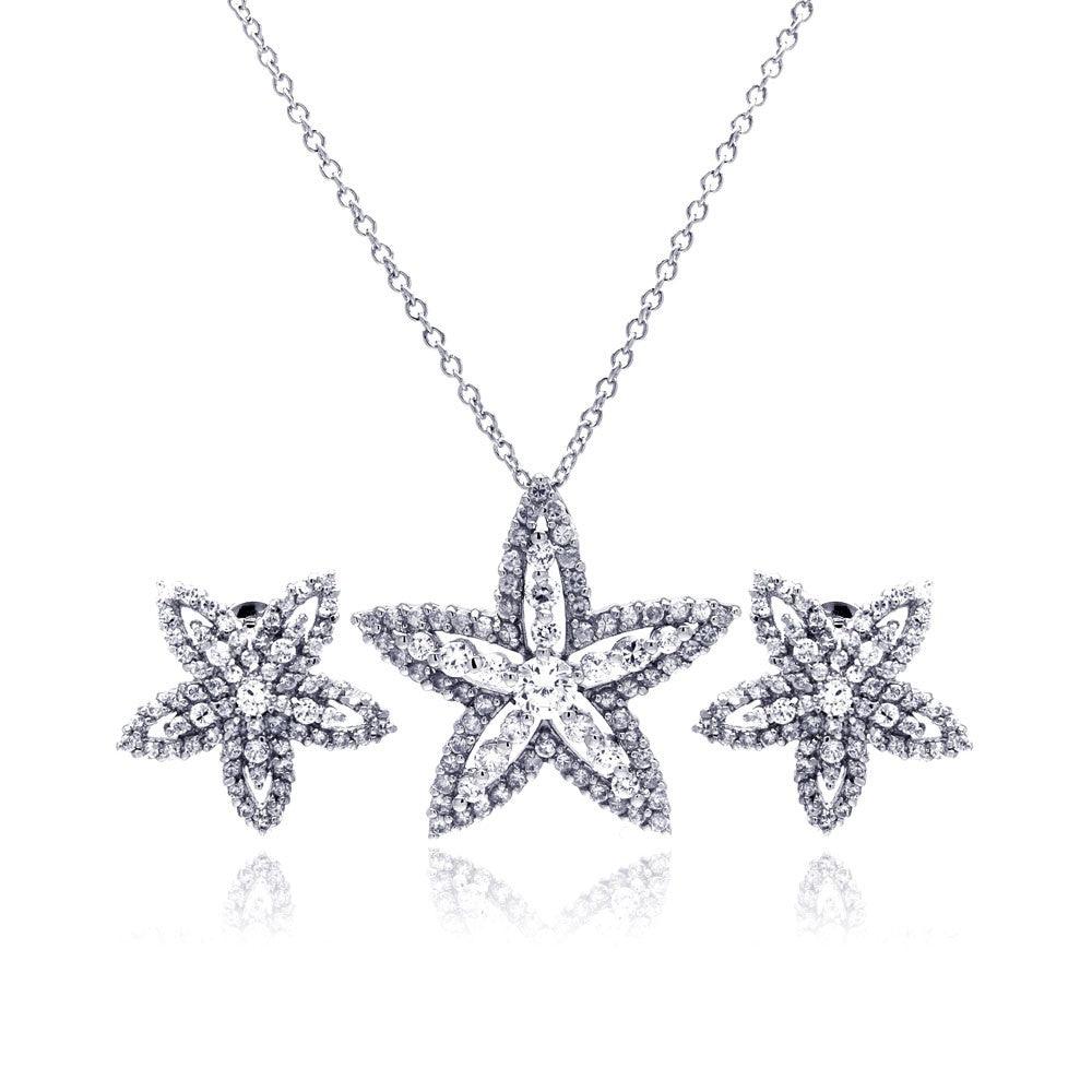 Silver 925 Rhodium Plated Clear Star Flower CZ Stud Earring and Necklace Set - BGS00049