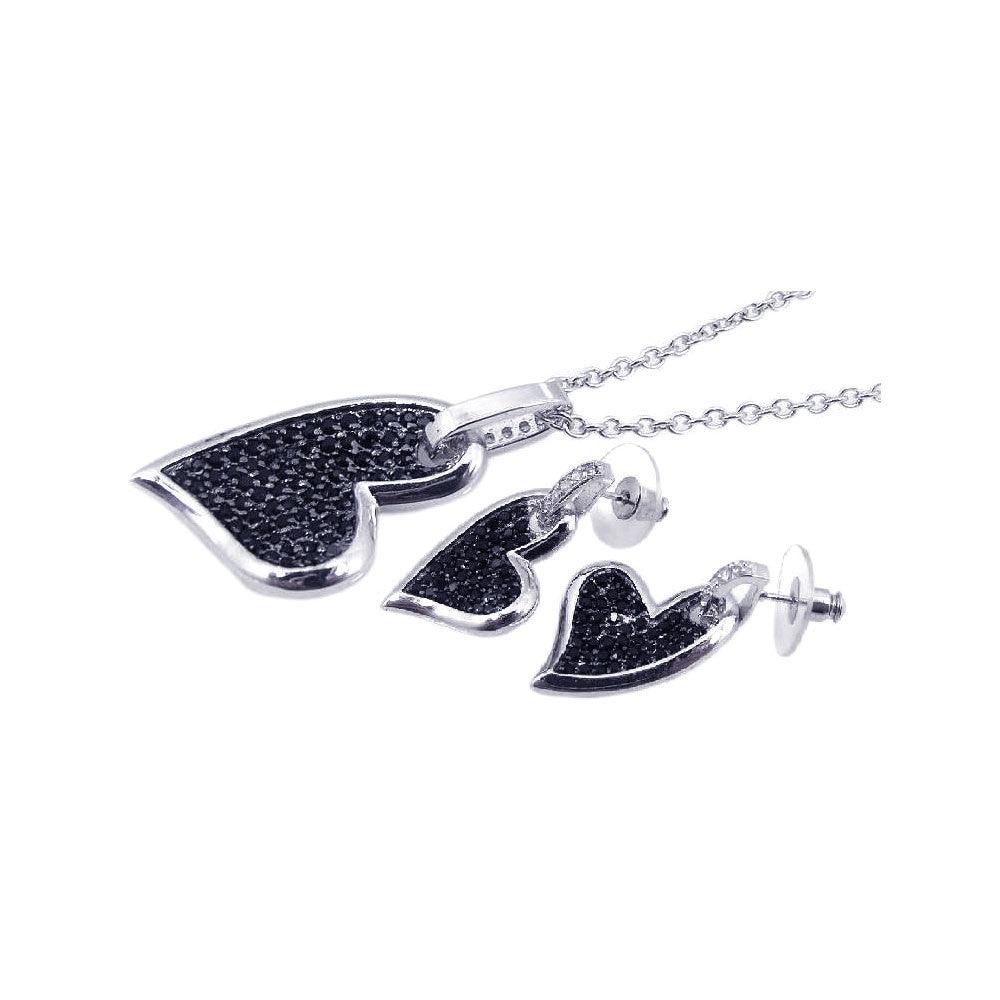 Closeout-Silver 925 Rhodium and Black Rhodium Plated Black Pave Set Heart CZ Dangling Set - BGS00053