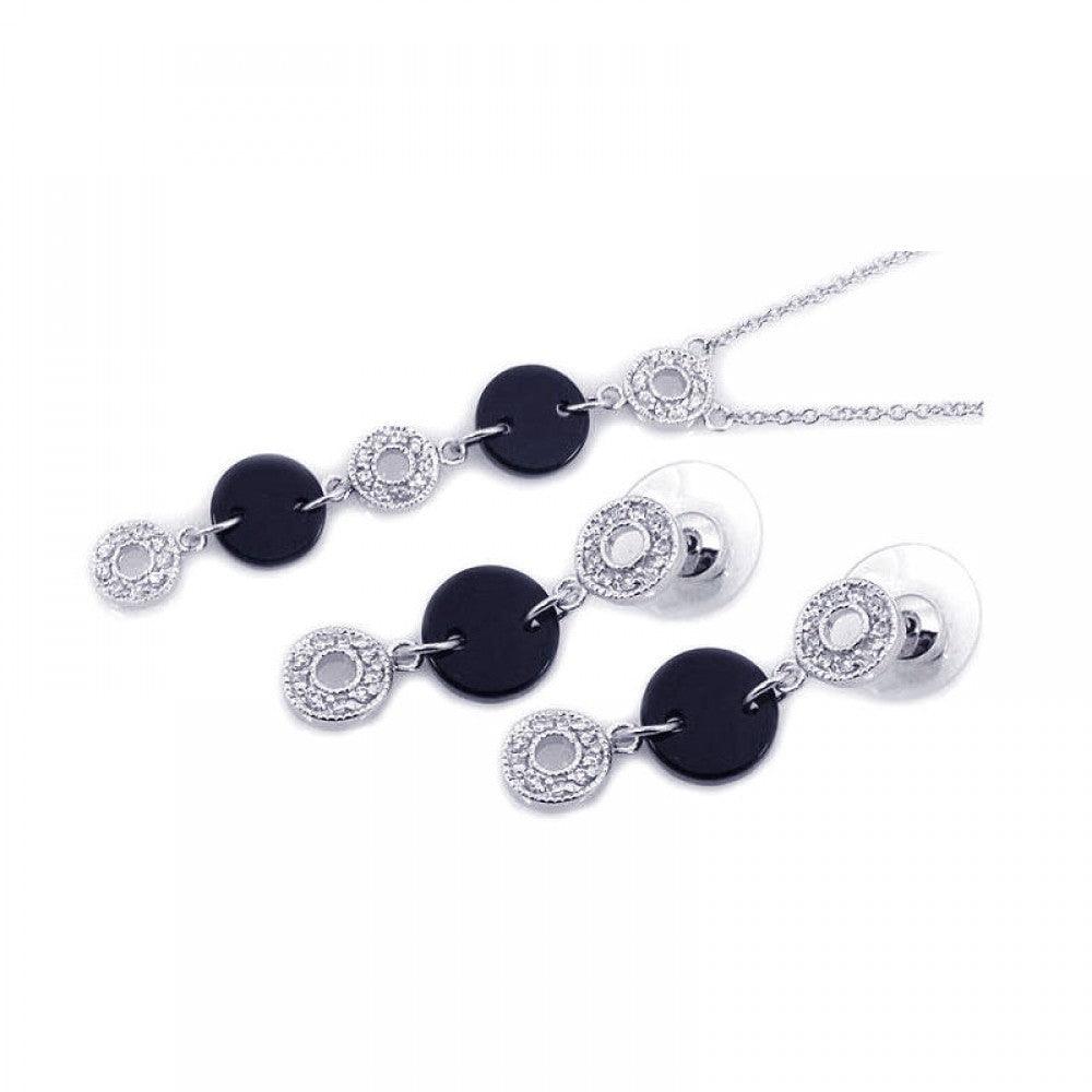 Closeout-Silver 925 Rhodium Plated Black Round Open Circle Clear CZ Dangling Set - BGS00058