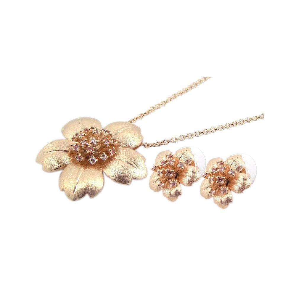 Closeout-Silver 925 Gold Plated Flower Pink CZ Stud Earring and Necklace Set - BGS00059