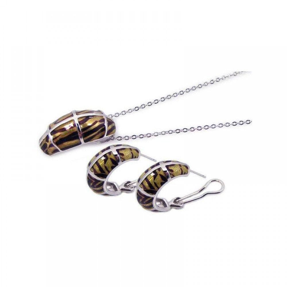 Closeout-Silver 925 Rhodium Plated Brown Zebra Stripe Print French Clip Earring and Necklace Set - BGS00062