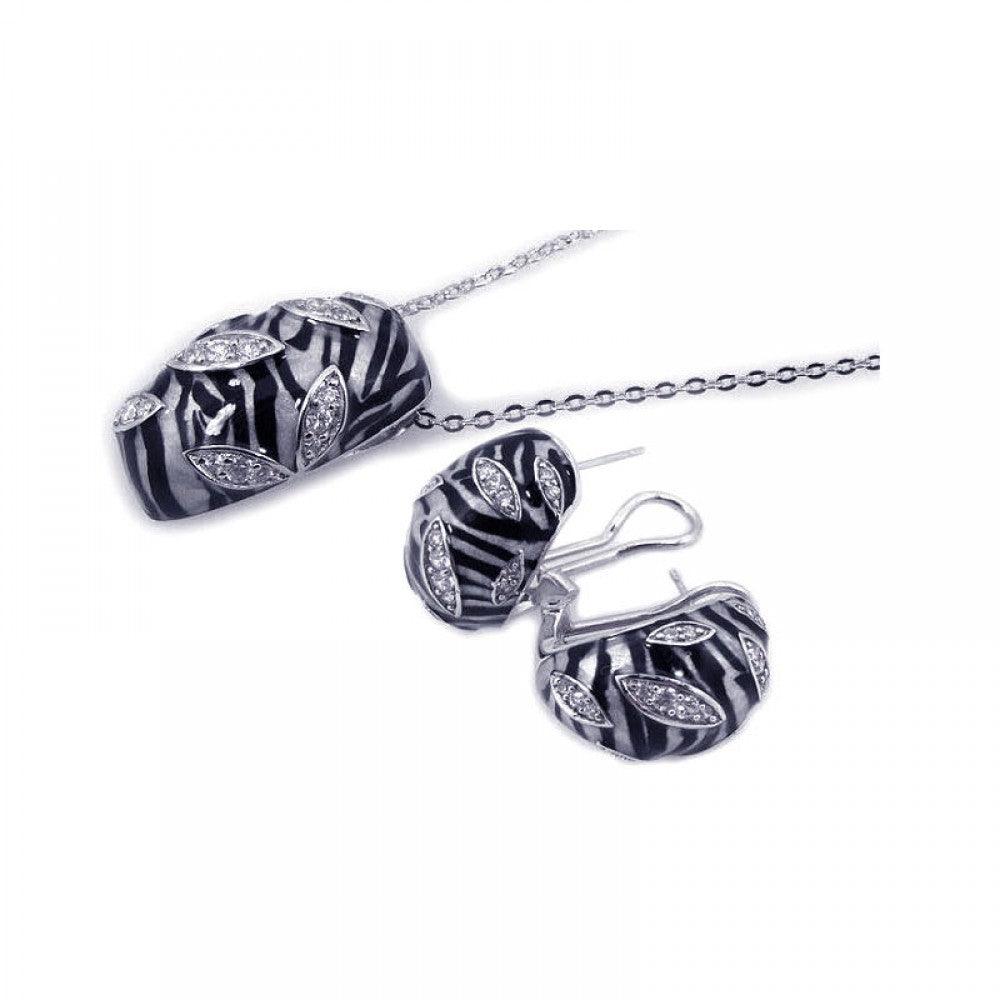 Closeout-Silver 925 Rhodium Plated Zebra Stripe Print Clear CZ French Clip Earring and Necklace Set - BGS00063