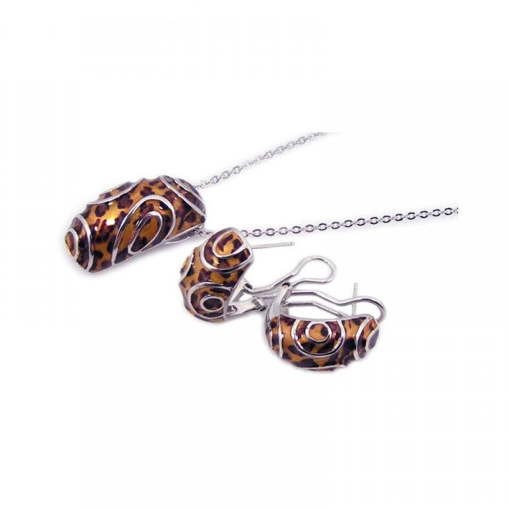 Closeout-Silver 925 Rhodium Plated Brown Leopard Print French Clip Earring and Necklace Set - BGS00066