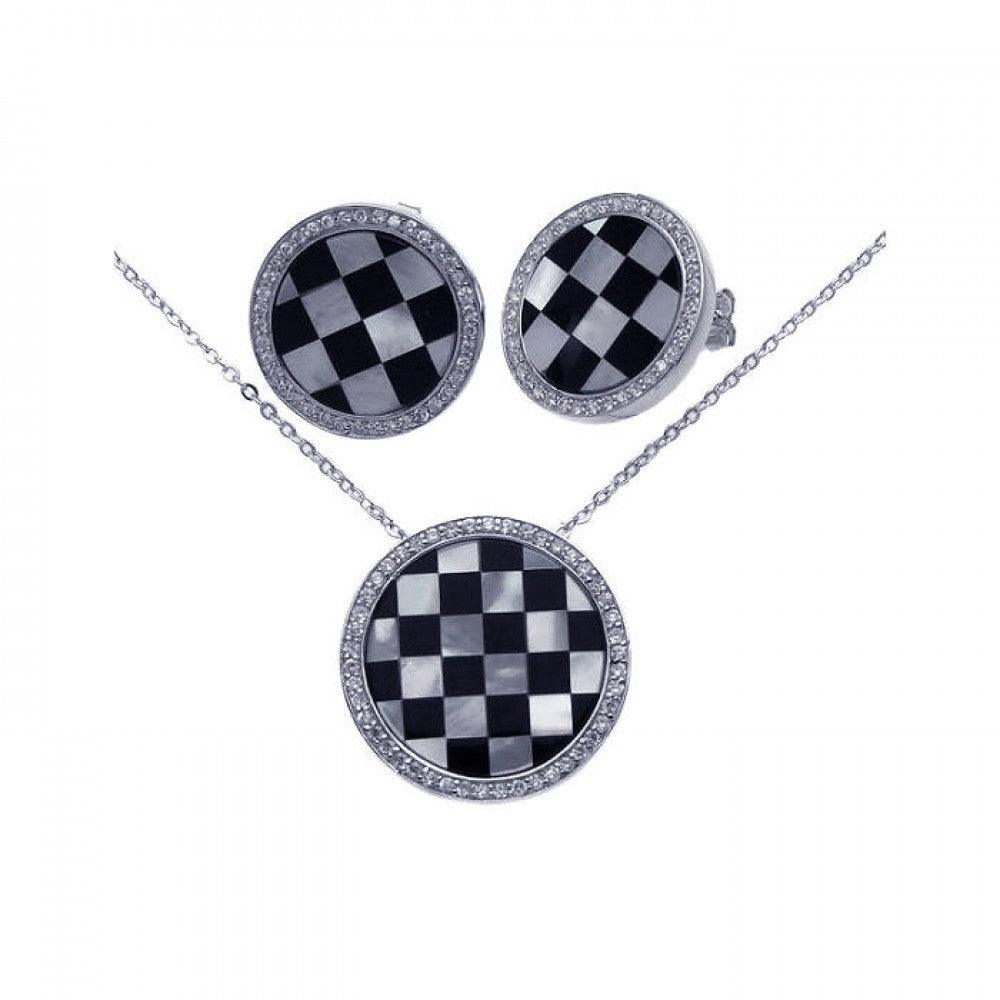 Closeout-Silver 925 Rhodium Plated Round Checker Clear CZ Stud Earring and Necklace Set - BGS00068