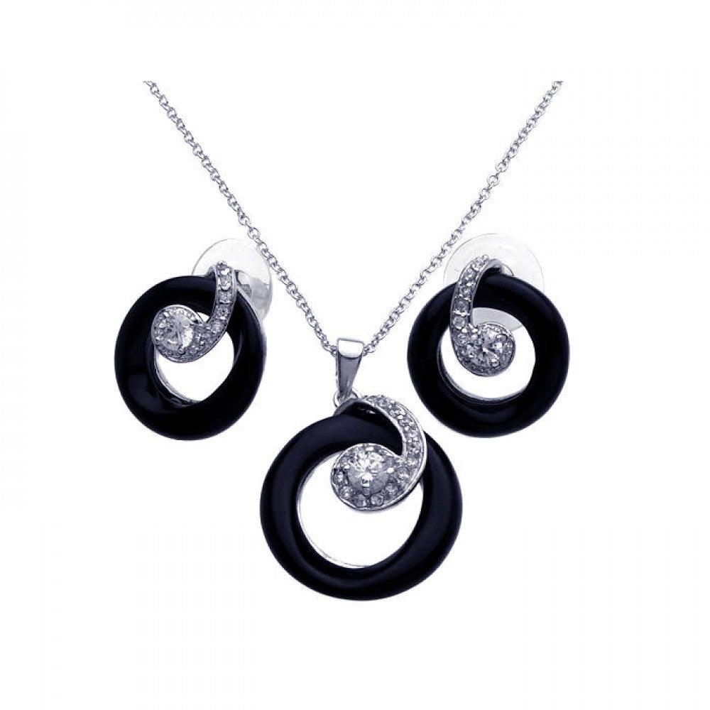 Closeout-Silver 925 Rhodium Plated Open Black Onyx Circle Clear CZ Stud Earring and Dangling Necklace Set - BGS00072