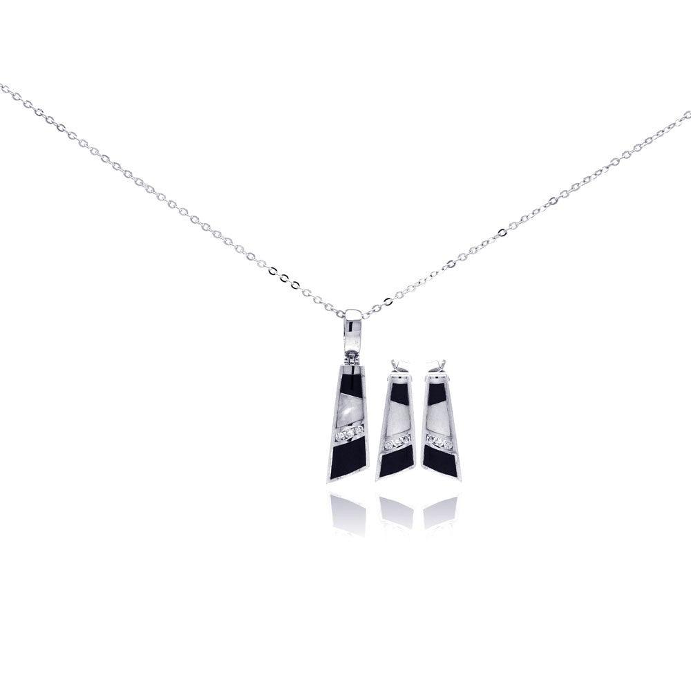 Silver 925 Rhodium Plated Mother of Pearl Black Onyx Clear Geometric CZ Set - BGS00074