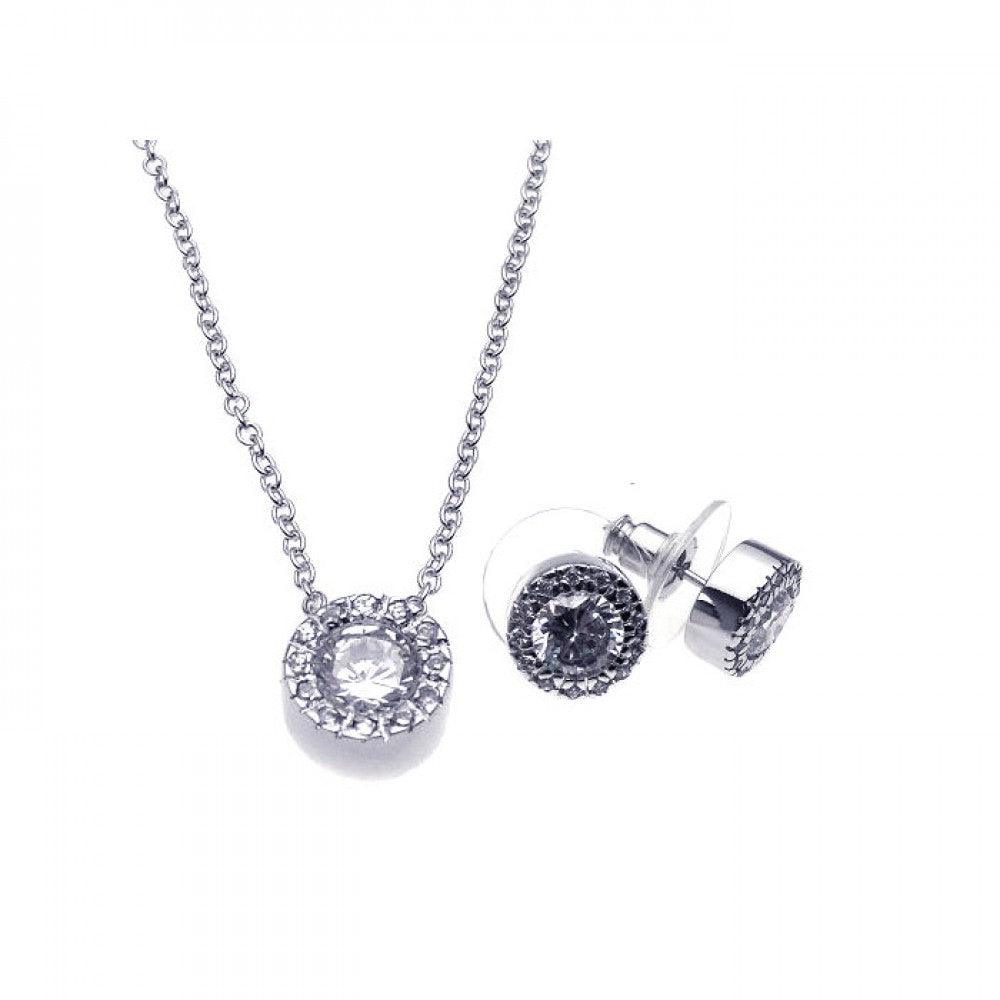 Silver 925 Rhodium Plated Clear Round Pave Set CZ Stud Earring and Necklace Set - BGS00081