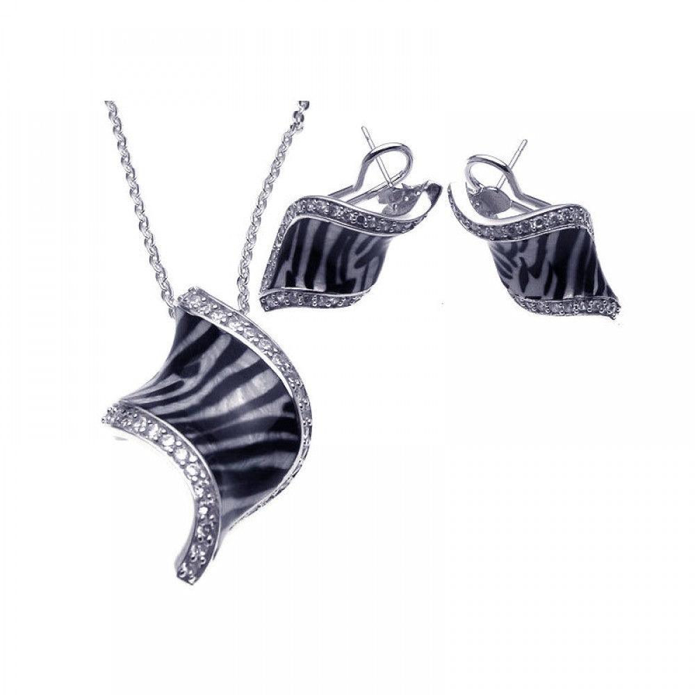 Closeout-Silver 925 Rhodium Plated Zebra Stripe Print Clear Curl CZ French Clip Earring and Necklace Set - BGS00085