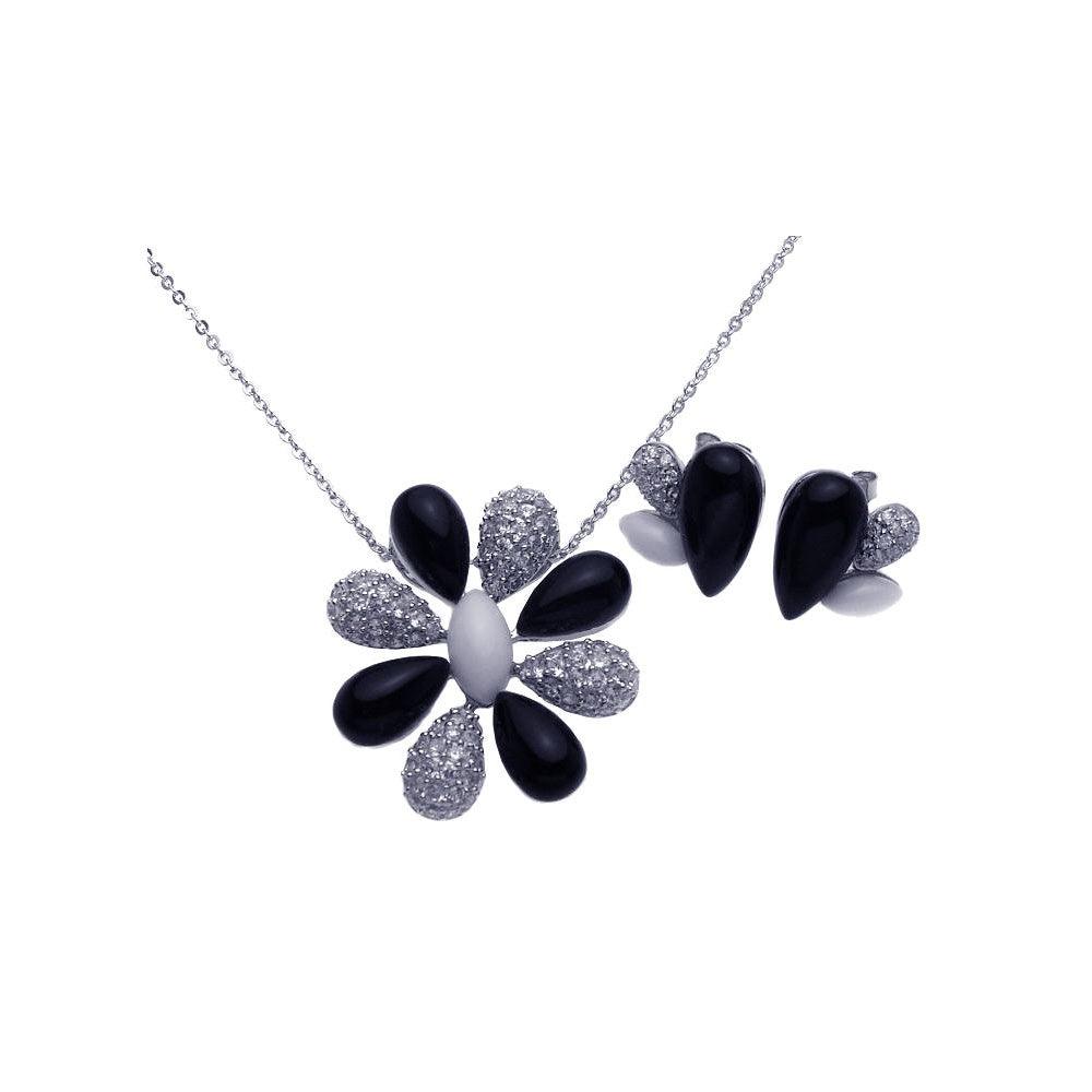 Closeout-Silver 925 Rhodium Plated Black Onyx White Enamel Clear Flower CZ Stud Earring and Necklace Set - BGS00088