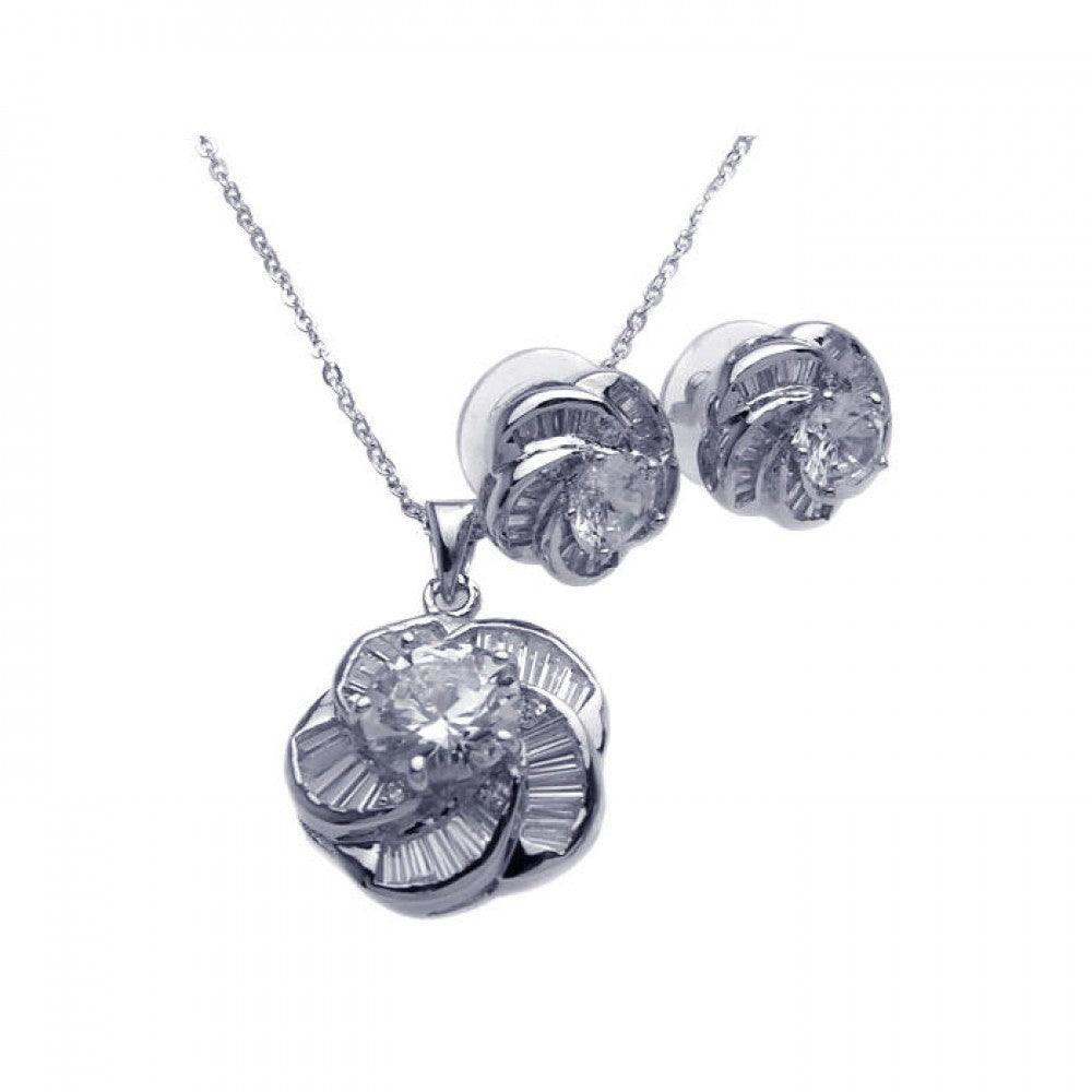 Silver 925 Rhodium Plated Clear Baguette Spiral Flower CZ Stud Earring and Necklace Set - BGS00093