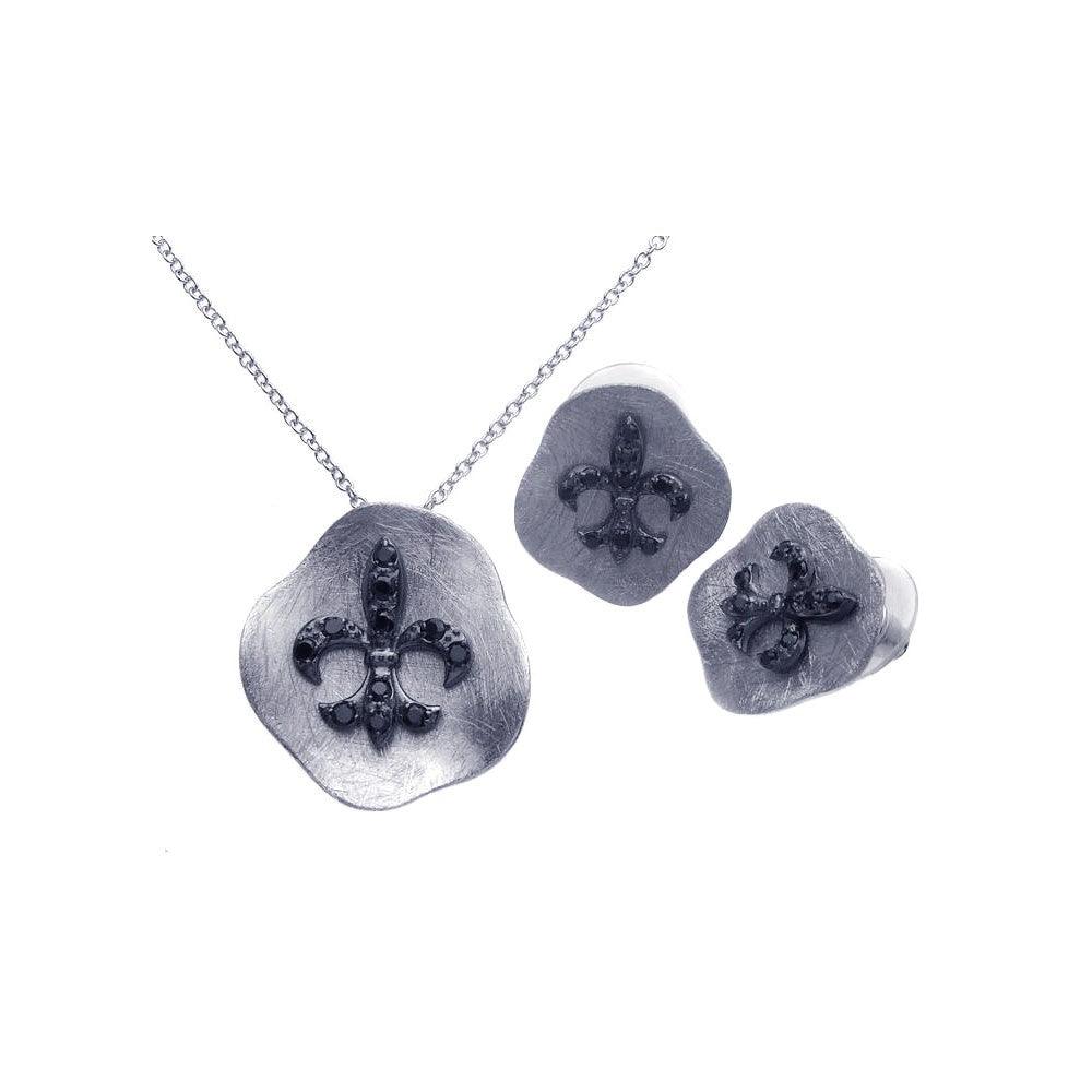 Closeout-Silver 925 Rhodium Plated Matte Finish Fleur De Lis Crest Black CZ Stud Earring and Necklace Set - BGS00094