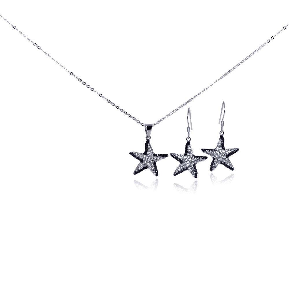 Silver 925 Rhodium and Black Rhodium Plated Black and Clear Star CZ Hook Earring and Dangling Necklace Set - BGS00098