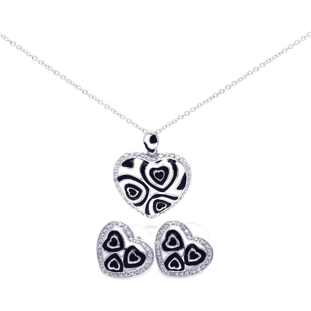 Closeout-Silver 925 Rhodium Plated Black and White Enamel Hear Clear CZ Stud Earring and Necklace Set - BGS00108