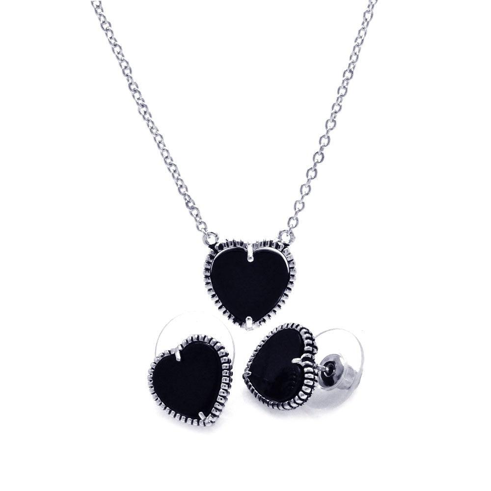 Silver 925 Rhodium Plated Black Onyx Heart Stud Earring and Necklace Set - BGS00112