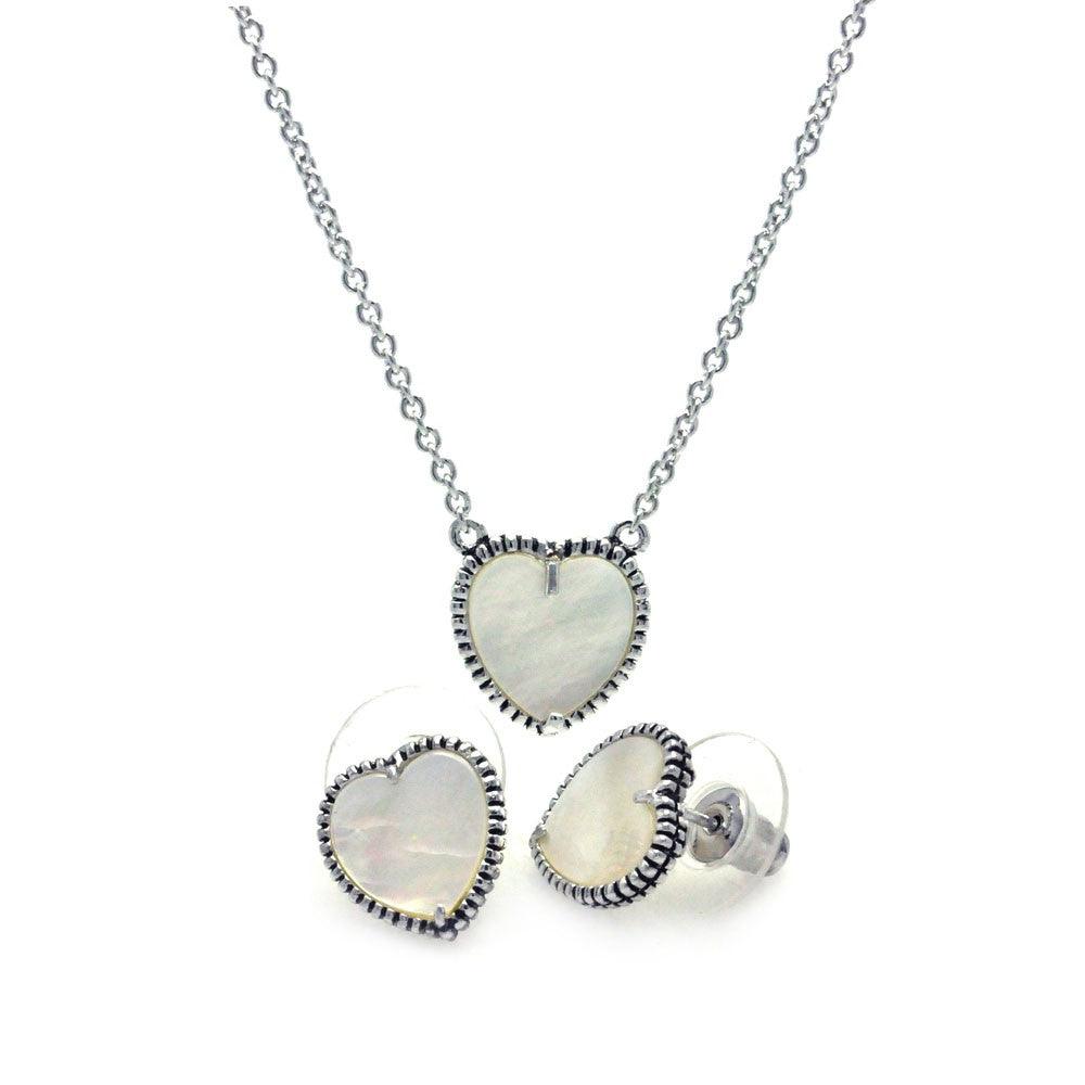 Silver 925 Rhodium Plated Mother of Pearl Heart Stud Earring and Necklace Set - BGS00113