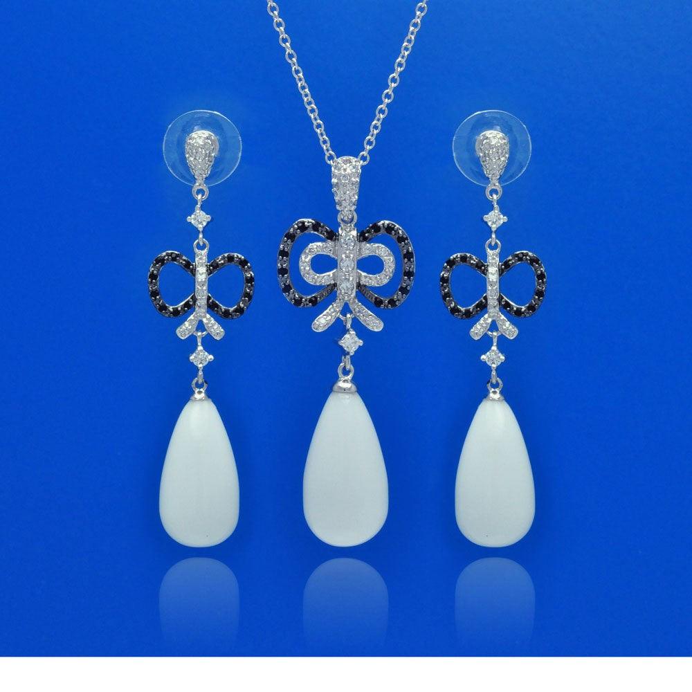 Closeout-Silver 925 Rhodium and Oxidized Plated White Teardrop Ribbon Black and Clear CZ Dangling Stud Earring and Dangling Necklace Set - BGS00119