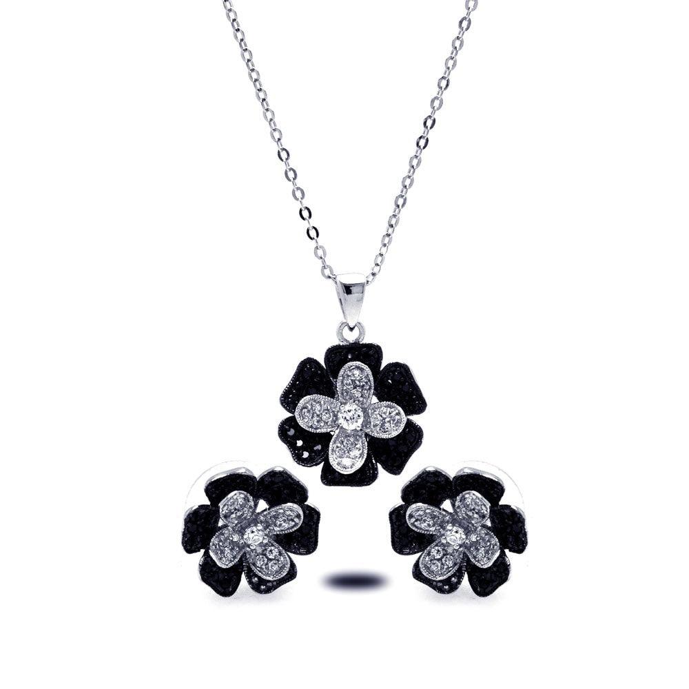 Silver 925 Rhodium and Black Rhodium Plated Black and Clear Pave Set Flower CZ Stud Earring and Dangling Necklace Set - BGS00121