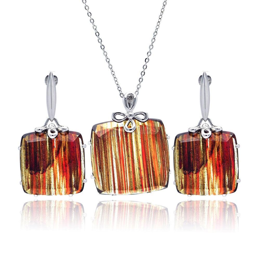 Closeout-Silver 925 Rhodium Plated Sandstone Square Stud Earring and Necklace Set - BGS00123