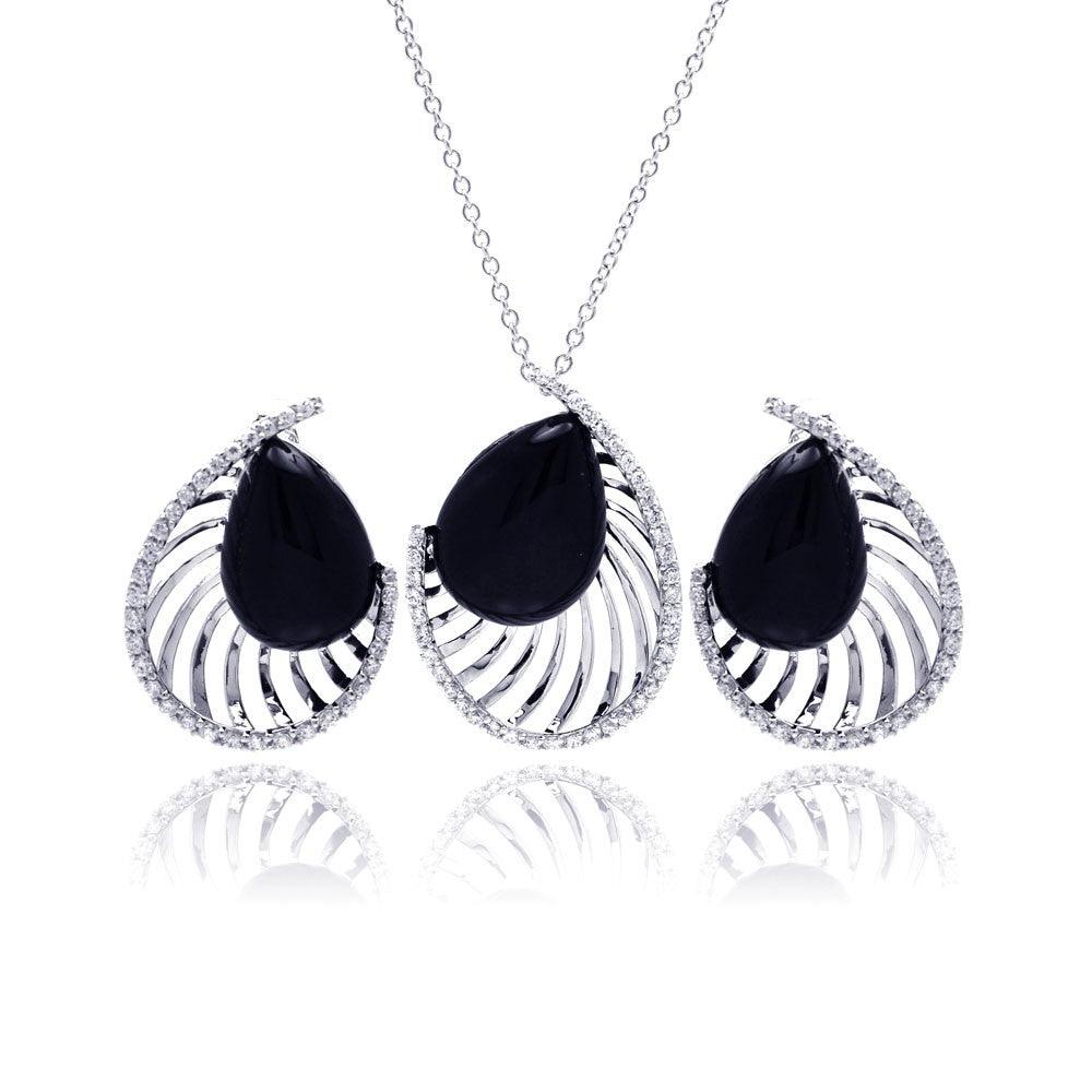 Closeout-Silver 925 Rhodium Plated Black Onyx Teardrop Filigree Clear CZ Stud Earring and Necklace Set - BGS00124