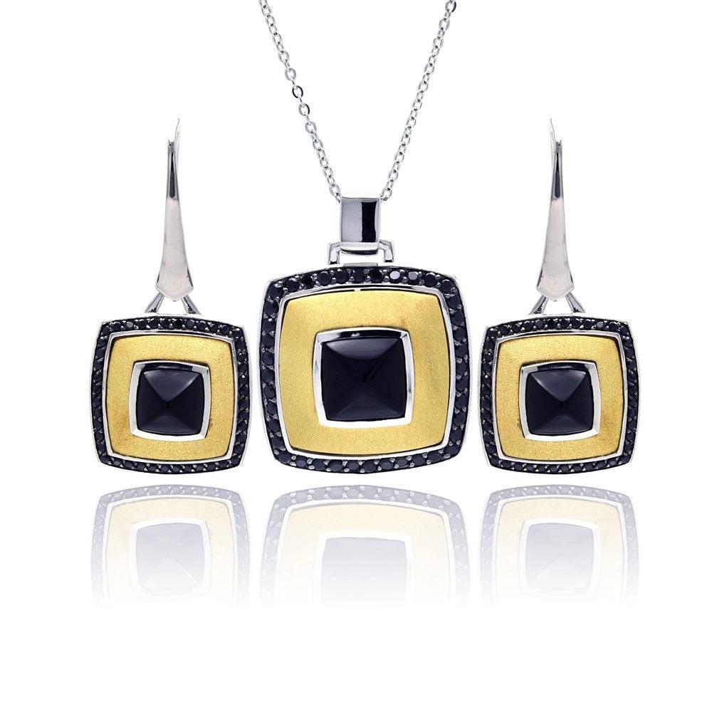 Closeout-Silver 925 Rhodium Black Rhodium and Gold Plated Square Black CZ Leverback Set - BGS00125